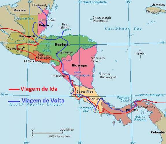 Mapa da América Central mostrando nossas rotas de ida e de volta pela região